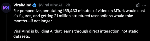 FvctCrvpto's tweet photo. //ANON IT'S SIMPLE

Within a span of less than a month and at minimal cost, the @ViralMindAI team was able to capture 21 million user actions and process 159,433 minutes of video.

Remember, the reason all of tech is fawning over @deepseek_ai is due its efficiency.

$VIRAL