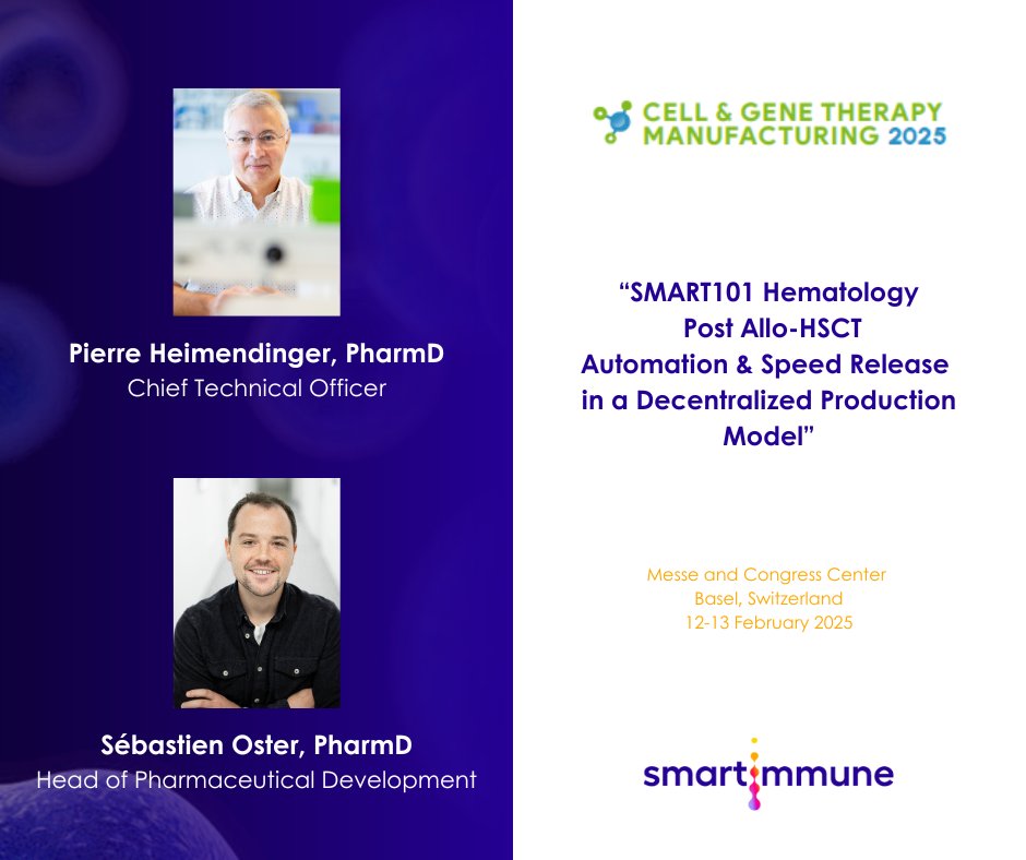 Join us next week at the Cell &amp; Gene Therapy Manufacturing Conference in #Basel! Our CTO, Pierre Heimendinger, will be sharing insights on our T cell progenitor therapy production evolving processes, with a focus on automation and speed release. 
<a href="/imapac/">IMAPAC</a> #CMC #Manufacturing
