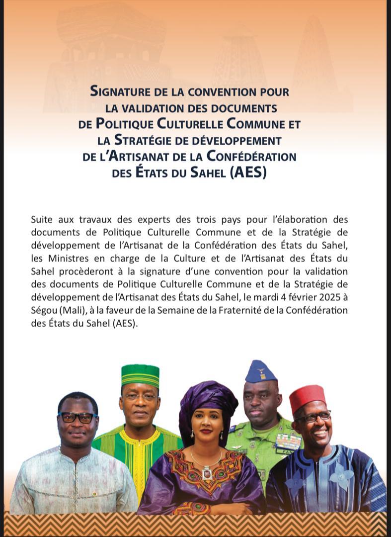 #Mali #Ségou
Ce 4 février 2025, les Ministres en charge de la Culture et de l'Artisanat des États du Sahel se réunissent à Ségou, au Mali, pour la signature de cette  convention.