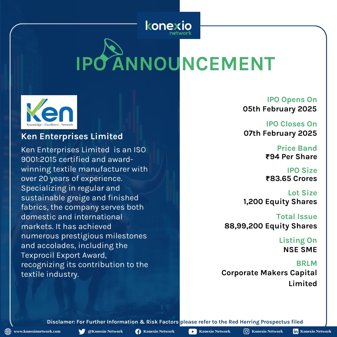 KonexioNetwork's tweet photo. Ken Enterprises Limited is going public with it's IPO
Stay Tuned For More Such Updates!
#nse #marketofstocks #sharemarketindia #ipoalert #ipoopens https://t.co/Un45SDGvoX