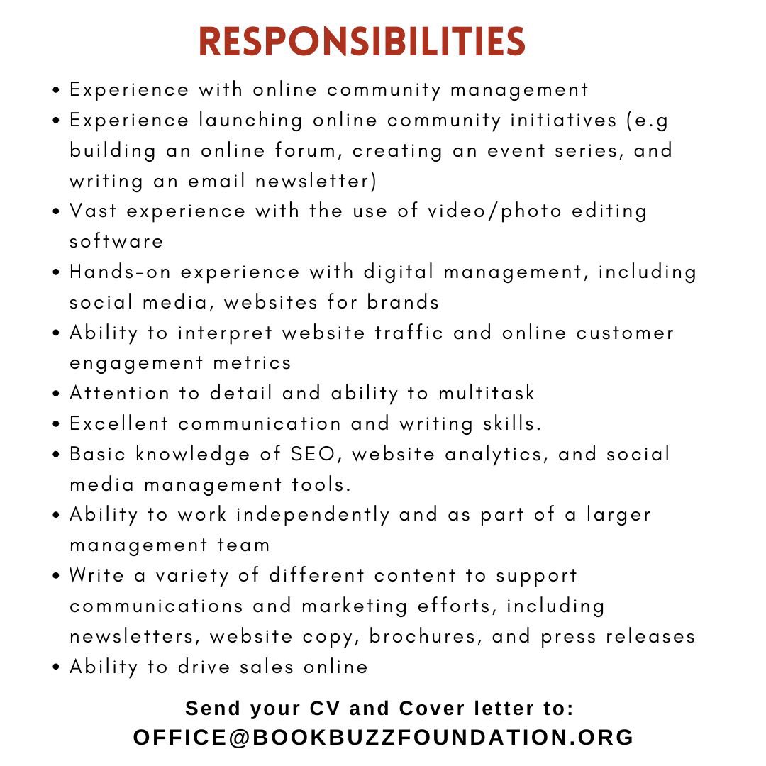 OuidaBooks's tweet photo. We are hiring 📣📣
Kindly send your CV and Cover letter to office@bookbuzzfoundation.org.
The Submission deadline is 14 February, 2025. Don’t miss the opportunity to join a great team!
#OuidaBooks
#Ouidabookstore
#publishedbyouida https://t.co/6fxRchpSDq