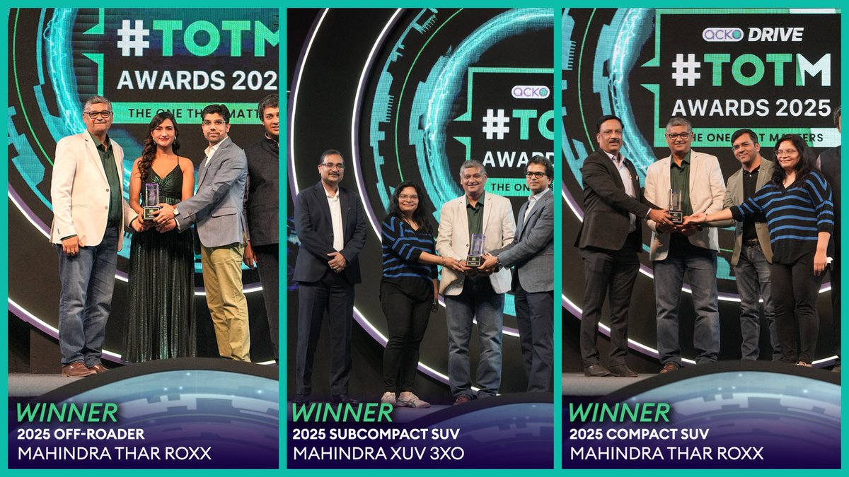 sidpatankar's tweet photo. Historic! Mahindra won every major category @ the TOTMs finale. Included rare twofer: Runner-Up + WINNER for 2025 Acko Drive Car of the Year! Car Manufacturer of the Year too! Had won Subcompact/Compact SUV &amp; Offroader the night b4.
Congrats @anandmahindra &amp; @rajesh664!
SVP
#TOTM https://t.co/bAM9GIj2wf