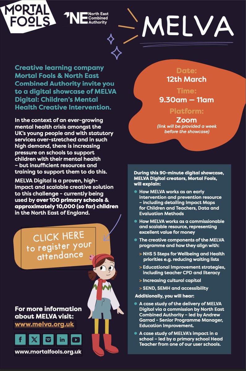 Mortal Fools &amp; North East Combined Authority invite you to a digital showcase of MELVA Digital: Children’s Mental Health Creative Intervention.

Date: 12th March
Time: 9.30am – 11am
Platform: Zoom

forms.office.com/pages/response…