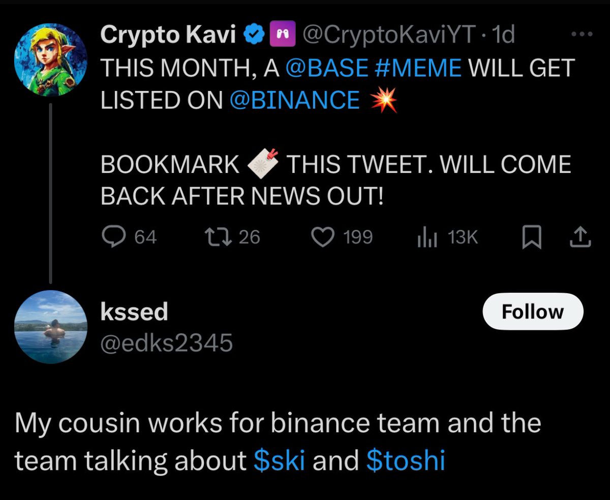 momiyss's tweet photo. Quick information: apparently, this guy's cousin works for Binance, and he mentioned that Toshi might be listed soon on Binance. 

I'm sure 99% already don't believe him, but if you saw this comment and you believe it, I just wanted to tell you that this guy is already pro $Toshi, so I don't think it's true. 🔵🫡