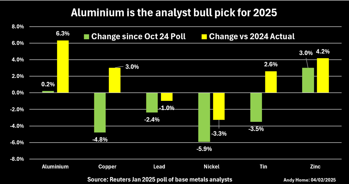 ReutersCommods's tweet photo. Aluminium is base metals analysts' bull pick for 2025 - column by @AndyHomeMetals   https://t.co/PhNmata204 https://t.co/WN1R58ogHi