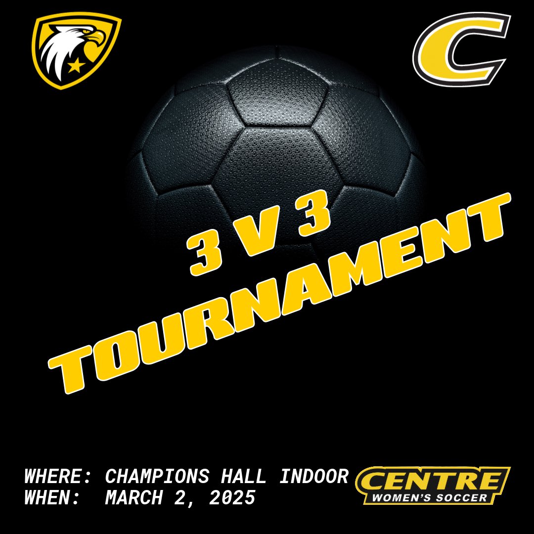 Centre Women's Soccer (@centrewsoccer) on Twitter photo It’s baaaack!!!! So excited for the return of our 3v3 tournament!
-Middle School Division ✅
-High School Division ✅
🗓️ March 2nd
📍Champions Hall Indoor Facility
ℹ️ jay.hoffman@centre.edu or trip.rogers@centre.edu It’s baaaack!!!! So excited for the return of our 3v3 tournament!
-Middle School Division ✅
-High School Division ✅
🗓️ March 2nd
📍Champions Hall Indoor Facility
ℹ️ jay.hoffman@centre.edu or trip.rogers@centre.edu