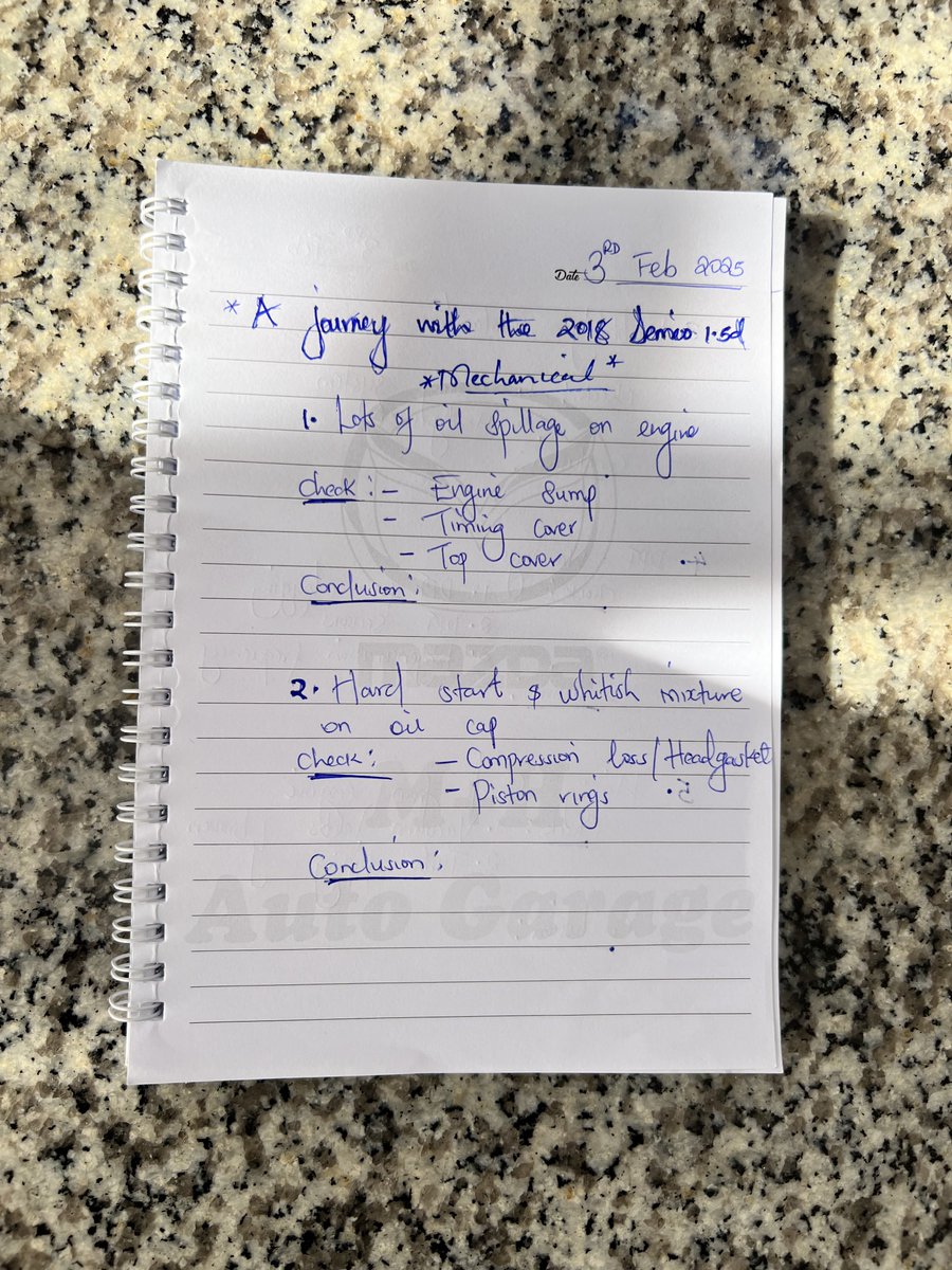 *Our Journey with the 2018 1.5d Demio*

Day 1: We checked why the engine was leaking A LOT of oil (4L would leak in under 30 mins) &amp; also trouble starting up 

Oil leak found &amp; solved ~Culprit - Broken timing cover, we’ve replaced with a timing cover from a donor engine