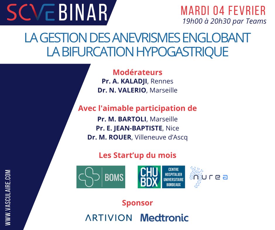 SCVE_fr's tweet image. Ce soir ! SCVEbinar#2 : La gestion des anévrismes englobant la bifurcation hypogastrique.
Mardi 04 février de 19h00 à 20h30 via Teams Rejoindre la réunion : teams.microsoft.com/l/meetup-join/……