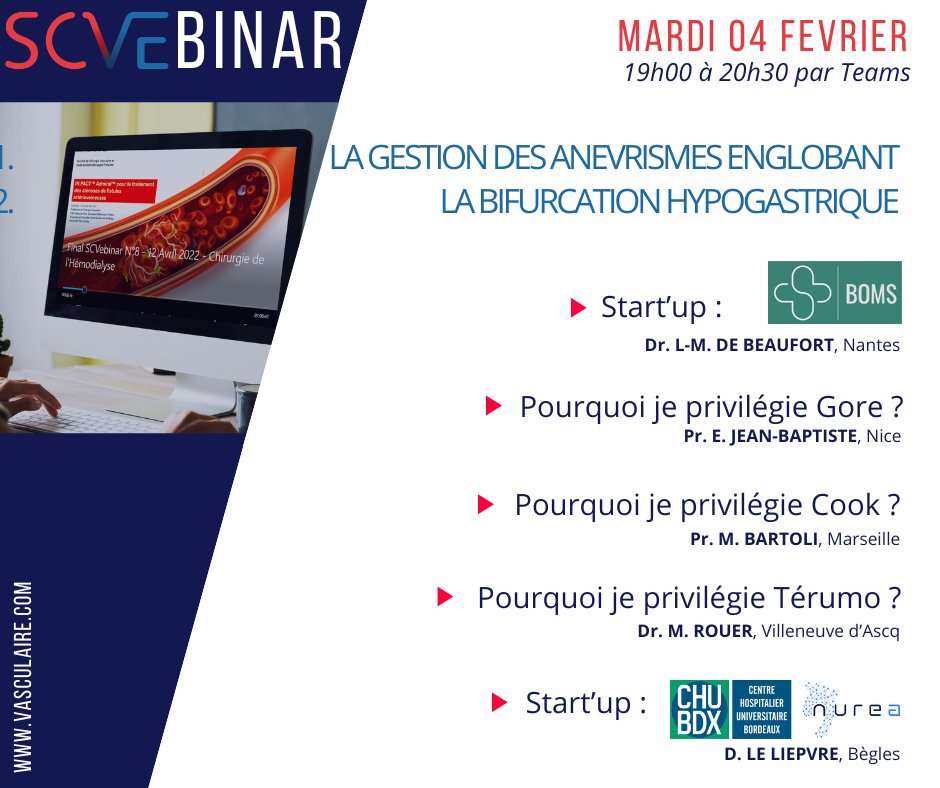 SCVE_fr's tweet image. Ce soir ! SCVEbinar#2 : La gestion des anévrismes englobant la bifurcation hypogastrique.
Mardi 04 février de 19h00 à 20h30 via Teams Rejoindre la réunion : teams.microsoft.com/l/meetup-join/……