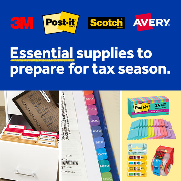 Tax time made easy! Stay organized and stress-free with <a href="/AveryProducts/">Avery</a> and <a href="/3M/">3M</a> products, your trusted partners for labels, filing and more! Start your stress-free filing today! Contact your SPR rep today. #TaxTimeMadeEasy #StayOrganized #StressFreeFiling #TaxSeasonReady