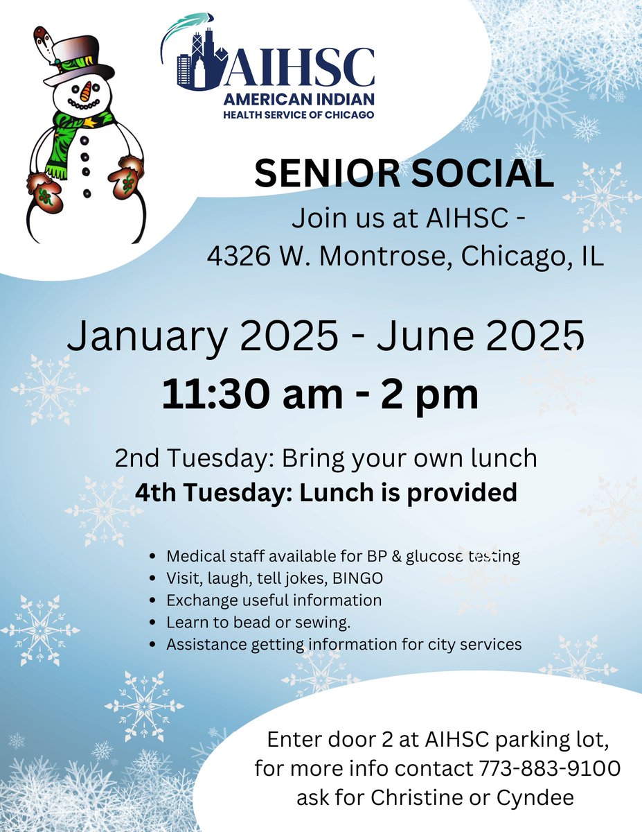 AIHSChicago's tweet photo. Join us for Senior Socials this month!
Tuesday, February11 - Bring Your Own Lunch
Tuesday, February 25 - Lunch Provided

At the American Indian Health Service of Chicago from 11:30 AM - 2 PM! 

• Medical staff available for BP &amp; glucose testing
• Visit, laugh, tell jokes, BI... https://t.co/ym6HHv0eGy