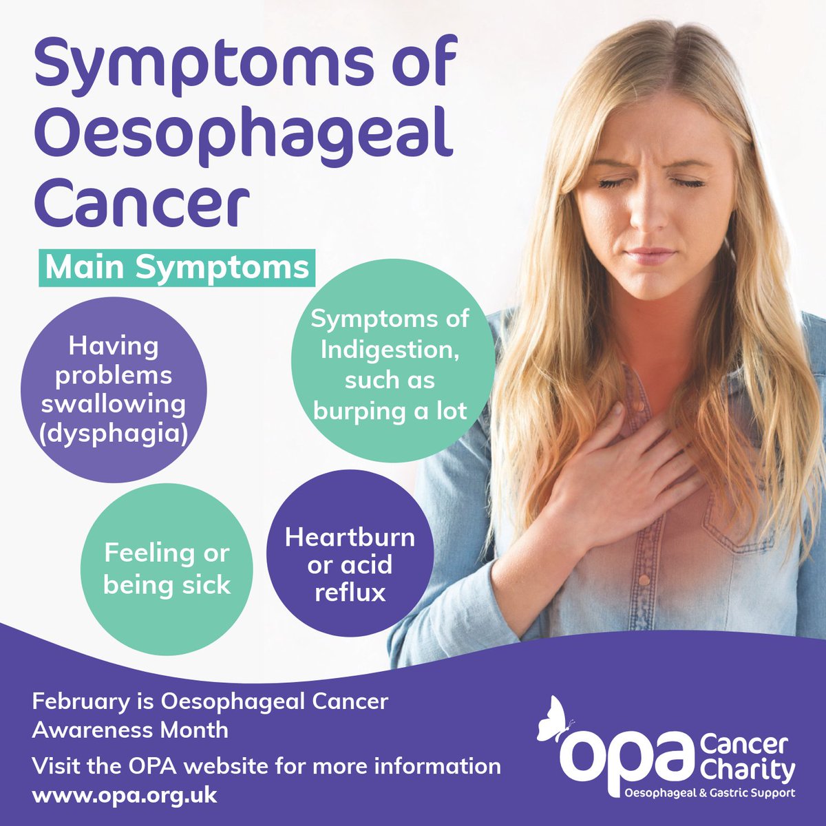 OPA_UK's tweet photo. Main symptoms of Oesophageal Cancer
Information from NHS.
#OesophagealCancerAwarenessMonth #GetHelp #GetTreated #GetSupport #Jointhefight #EarlyDetection https://t.co/FsYl04rLLV