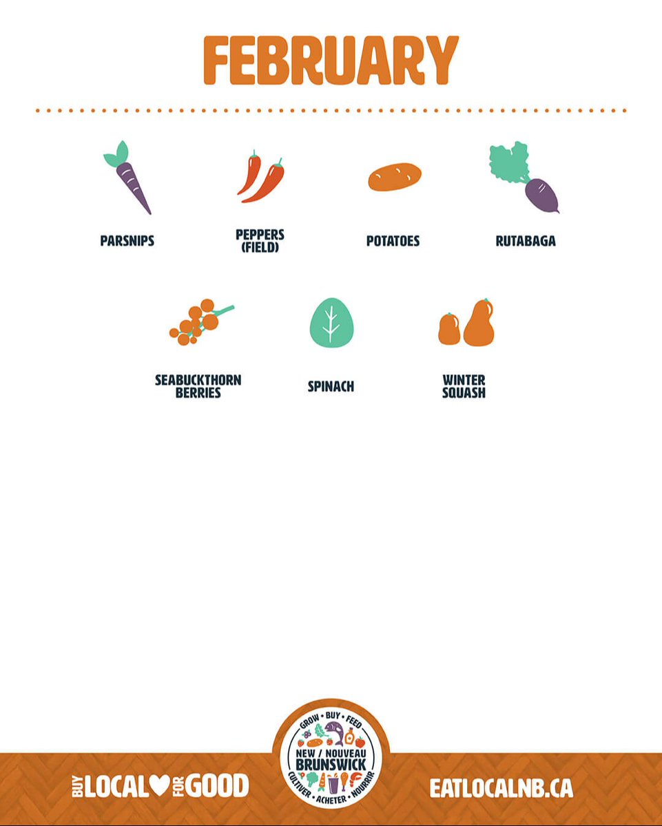Check out all of the tasty New Brunswick-grown produce available in February!  Pick up some delicious local fruits and veggies today. 🥔
#buylocalforgood #CdnAg #SupportCanadian