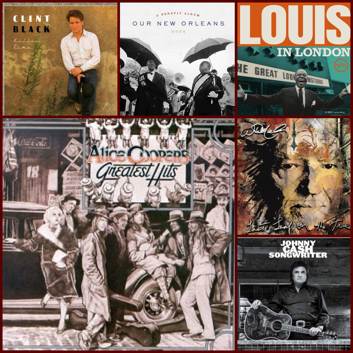 jsmallseattle's tweet image. TUESDAY SPINS
Happy birthday to Alice Cooper and Clint Black
Alice Cooper’s Greatest Hits
Clint Black: Killin’ Time
Our New Orleans 2005
Louis Armstrong: Louis in London
Willie Nelson: Last Leaf on the Tree
Johnny Cash: Songwriter