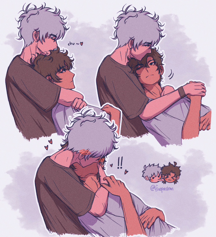 Three drawings of Cheng Xiaoshi leaning back against Lu Guang, head on his chest. The first drawing is Lu Guang kissing/nuzzling the top of Cheng Xiaoshi’s head; the second is Cheng Xiaoshi turning halfway to face Lu Guang; and the third is them finally kissing.
