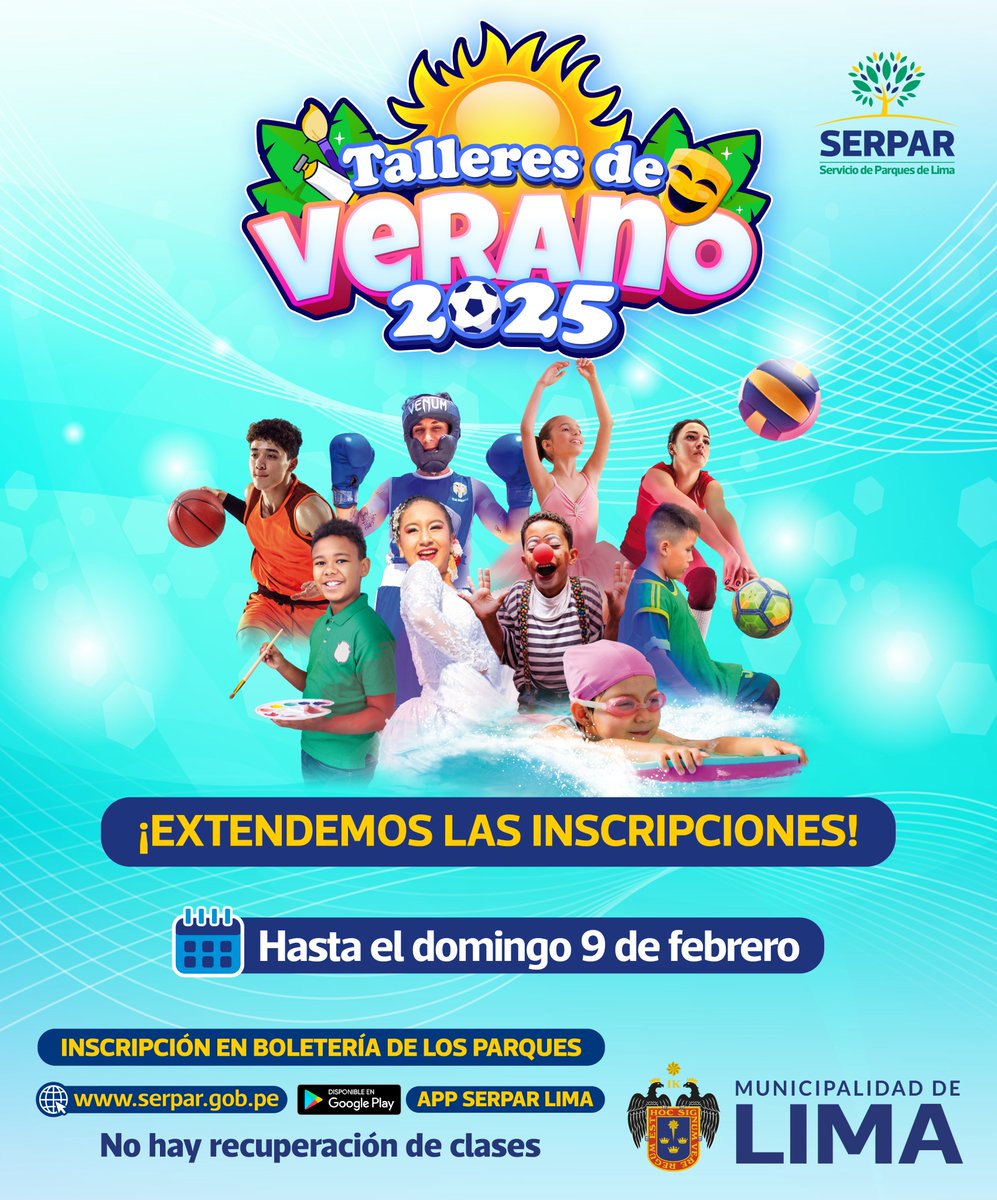 MuniLima's tweet photo. ¡Últimos días para inscribirte en los Talleres de Verano!
Extendimos las fechas para que puedas formar parte de los #talleres de deporte, natación y cultura que brindamos en los clubes y parques metropolitanos del #Serpar.
¡Inscripciones hasta el 9 de febrero! https://t.co/rIfDn43xfB