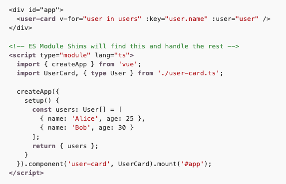 TIL: run TypeScript natively in the browser, today 🤯

This polyfill supports TypeScript type stripping
(TC39 Type Annotations proposal, stage 1)

This Vue example doesn't need any build tool to run