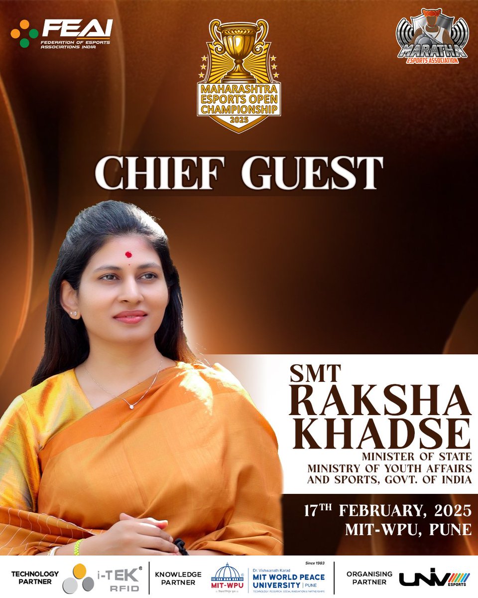 Federation of Electronic Sports Associations India (@feai_in) on Twitter photo We are honoured to confirm the presence of Hon’ble MoS, Ministry of Youth Affairs and Sports, Smt. <a href="/khadseraksha/">Raksha Khadse</a> ji as the Chief Guest for the Maharashtra Esports Open Championship 2025!
Maharashtra will witness the emergence of the best esport talent on 17th Feb at MIT Pune We are honoured to confirm the presence of Hon’ble MoS, Ministry of Youth Affairs and Sports, Smt. <a href="/khadseraksha/">Raksha Khadse</a> ji as the Chief Guest for the Maharashtra Esports Open Championship 2025!
Maharashtra will witness the emergence of the best esport talent on 17th Feb at MIT Pune