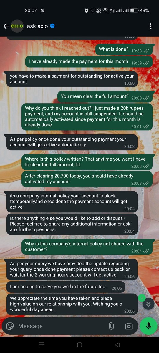 ig_captprice's tweet photo. @ask_axio
After making a 20,700 payment, Axio has suspended my account before even the due date for the payment was even there. 

The support agent "Sanjay", instead of actually solving the issue on the shitty WhatsApp chatbot thing, actually closed the chat https://t.co/F1D6xF6ZQL