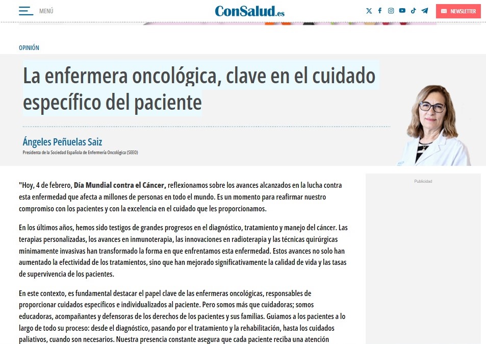 Hoy 4 de febrero en el #DíaMundialContraelCáncer nuestra presidenta <a href="/NinesPenuelas/">Angeles Peñuelas(Nines)</a> escribe un artículo de opinión en <a href="/ConSalud_es/">ConSalud.es</a> 
La #enfermeraoncológica, clave en el cuidado específico del paciente. 
Lo podéis leer completo en: consalud.es/opinion/enferm…