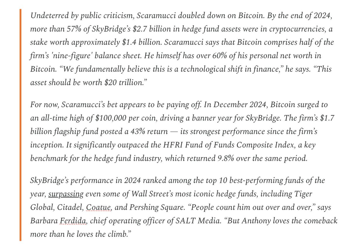 Wow.

Anthony <a href="/Scaramucci/">Anthony Scaramucci</a>'s Skybridge outperformed almost every fund on Wall Street last year because of his big bet on bitcoin and crypto. 

It is obvious why more investors will start allocating to the industry if their returns are lagging because they don't hold bitcoin.