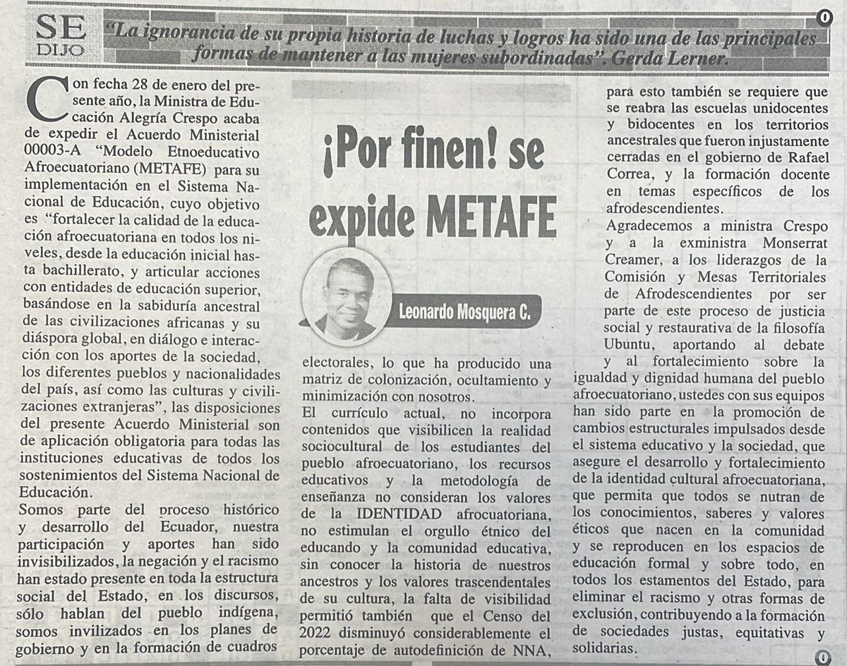 LeoMosquera10's tweet photo. Agradecemos a @AlegriaCrespo y @AntunRomulo por ser parte de este proceso de justicia y de nuestra filosofía restaurativa del Ubuntu, al expedir el #METAFE que permitirá fortalecer la educación afroecuatoriana en todos los niveles e instituciones SNE. @ElHeraldoAmbato https://t.co/wP68M1TdFi