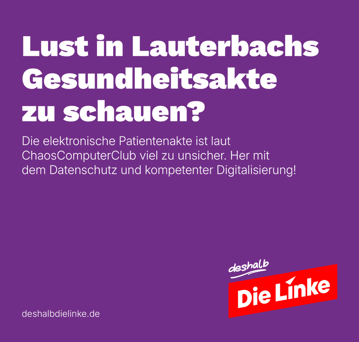 DeshalbDieLinke's tweet photo. Die Patientenakte ist zu unsicher. Keine externen Dritten sollten Zugang bekommen!

Wir sagen: Her mit Datenschutz und kompetenter Digitalisierung!

#deshalbdielinke https://t.co/jUibLvVriM