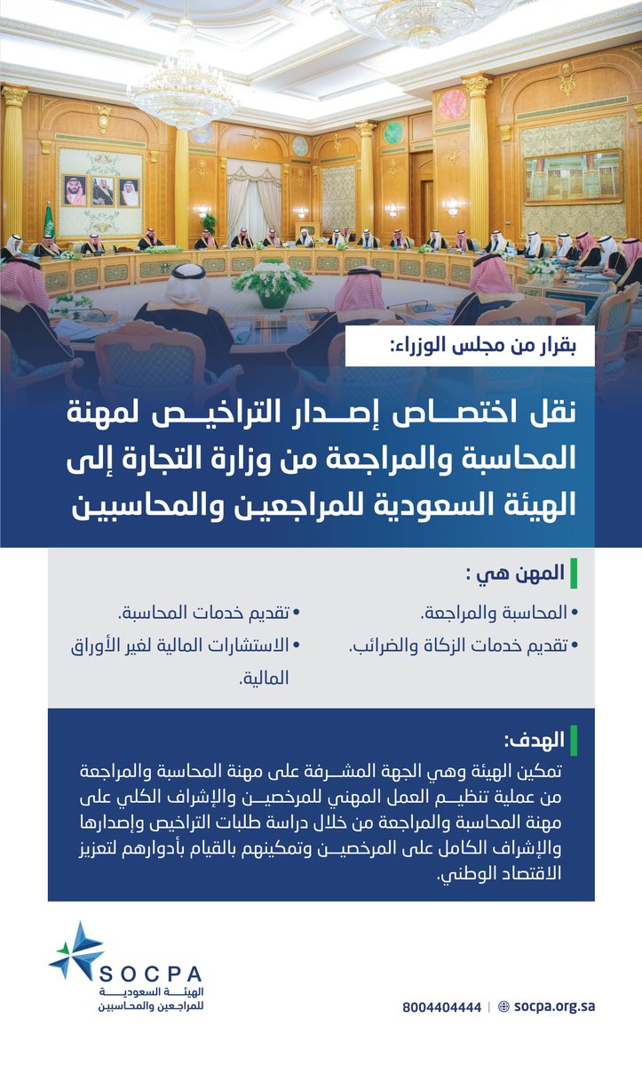 socpa_ksa's tweet image. يهدف قرار #مجلس_الوزراء بنقل تراخيص مهن المحاسبة والمراجعة لهيئة #المراجعين_والمحاسبين إلى تنظيم المهنة وتعزيز الإشراف عليها.