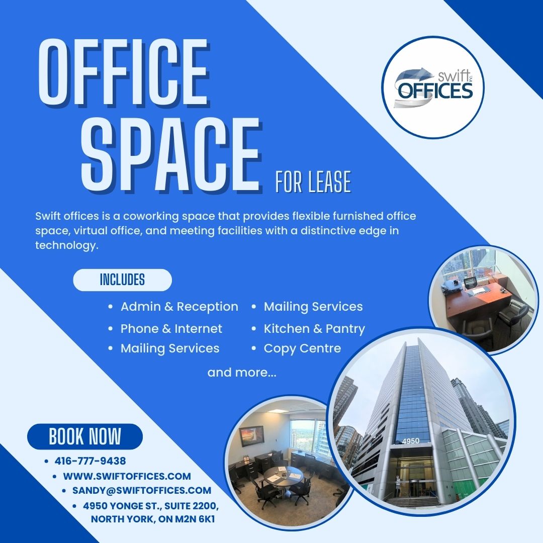 Swift Offices (@swiftoffices) on Twitter photo Office space available for lease! Modern, flexible layouts perfect for your growing business. Secure your workspace now!
☏ (416)-777-9438
✉ sandy@swiftoffices.com
#SwiftOffices #CoworkingSpace #OfficeLeasing #OfficeSpace #SharedOffice #OfficeForRent #OfficeRental #Toronto Office space available for lease! Modern, flexible layouts perfect for your growing business. Secure your workspace now!
☏ (416)-777-9438
✉ sandy@swiftoffices.com
#SwiftOffices #CoworkingSpace #OfficeLeasing #OfficeSpace #SharedOffice #OfficeForRent #OfficeRental #Toronto