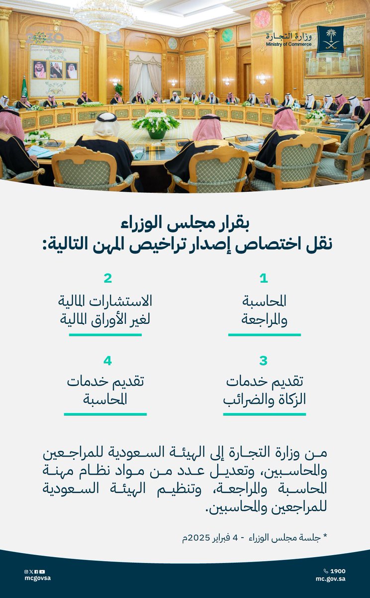 #مجلس_الوزراء: نقل اختصاص إصدار تراخيص المهن التالية: (المحاسبة والمراجعة، والاستشارات المالية لغير الأوراق المالية، وتقديم خدمات الزكاة والضرائب، وتقديم خدمات المحاسبة)، من وزارة التجارة إلى الهيئة السعودية للمراجعين والمحاسبين، وتعديل عدد من مواد نظام مهنة المحاسبة والمراجعة،