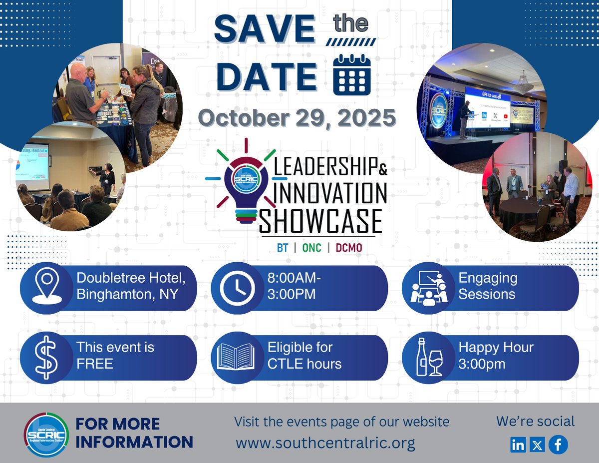 SouthCentralRIC's tweet photo. Mark your calendars for this year’s Leadership &amp; Innovation Showcase: Wed, October 29! You won’t want to miss this day full of relevant sessions focused on tech in ed, networking with others, an extensive vendor fair &amp; more! #LIS2025 #SouthCentralRIC #ContinuousLearning #EdTech https://t.co/7hAsSDGSQq