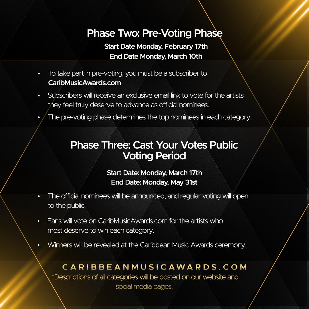 Join the Pre-Voting Process! 

Submit the names of Artists for Pre- Voting Round. 

For Pre-Voting Submissions visit CARIBMUSICAWARDS.COM  Click the link at the top for pre voting submissions. 

#CaribMusicAwards
#CaribbeanMusicAwards
