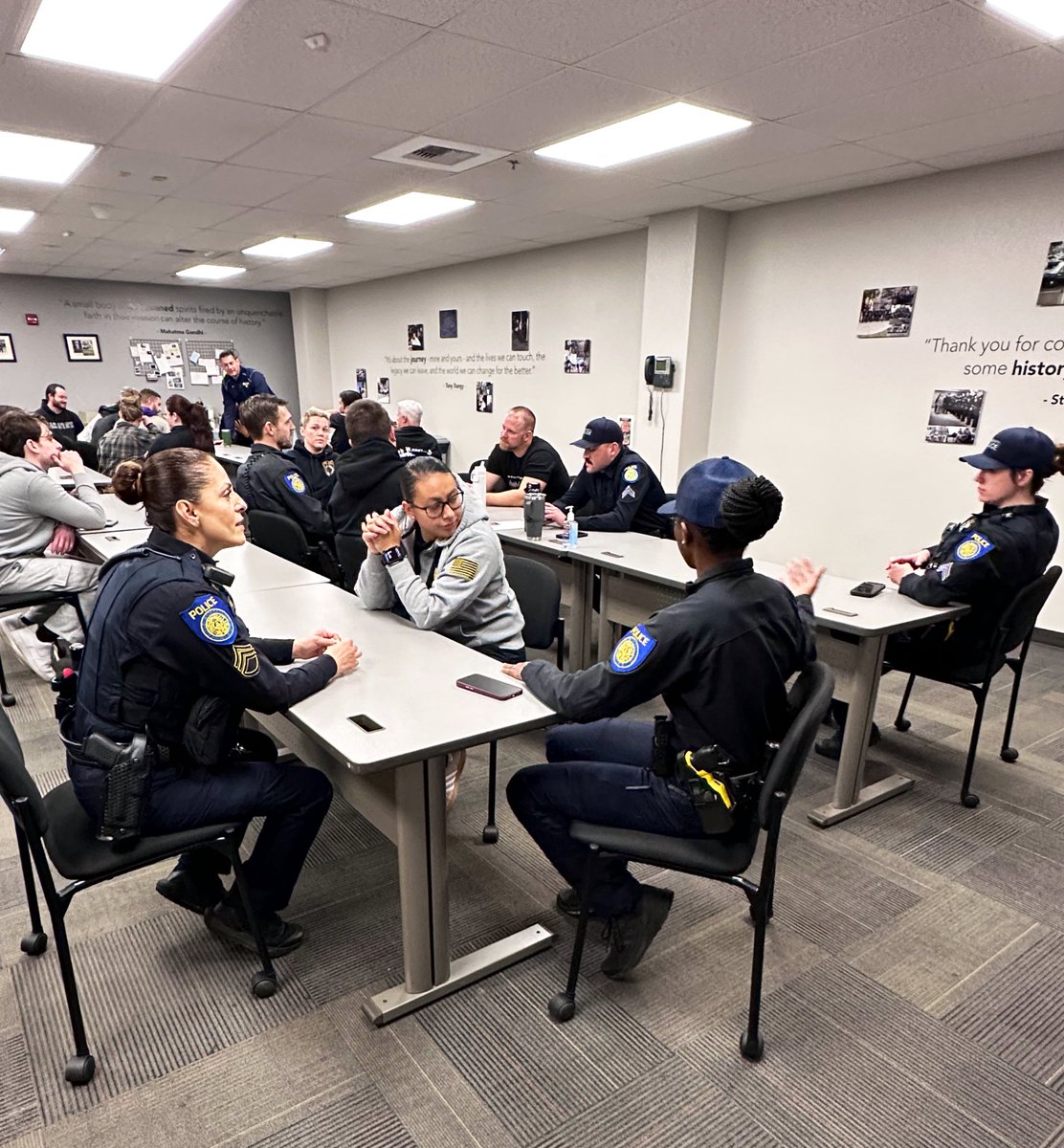 Our Central and East area dayshift officers getting ready to face the rain this morning! <a href="/SacPoliceChief/">Chief Kathy Lester</a>