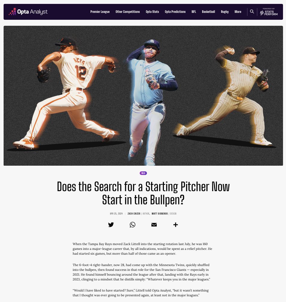 👏 <a href="/OptaAnalystUS/">Opta Analyst US</a> have been named a 2025 #SABRanalytics Conference Research Award finalist.

<a href="/zcrizer/">Zach Crizer</a>’s piece “Does The Search For A Starting Pitcher Now Start in the Bullpen?” was nominated in the Contemporary Baseball Analysis category.

Read it here ➡️ bit.ly/3Q5BEEG