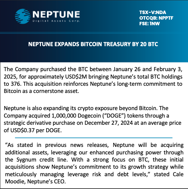 NeptuneDAC's tweet photo. Neptune Expands Bitcoin Treasury By 20 BTC

Full Release:
https://t.co/rrKKS98ad0 https://t.co/nTXjWCb8wx