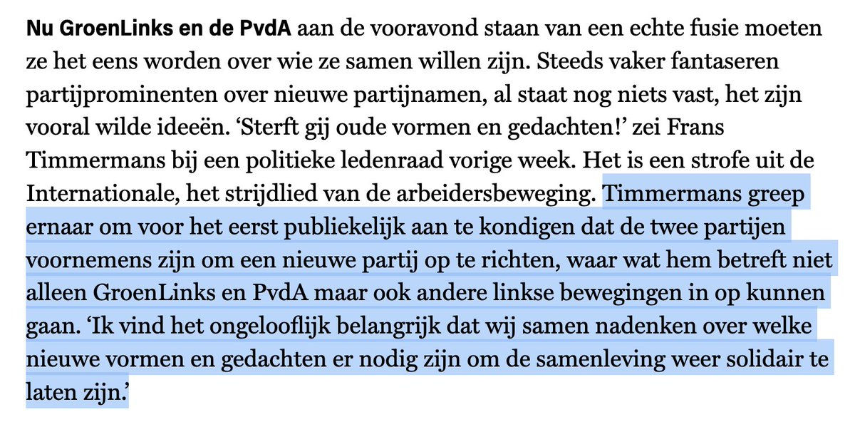 Groot nieuws vandaag rondom de linkse samenwerking? Valt mee. Eind november zei Timmermans dit al in Zwolle tijdens een politieke ledenraad.

Spannend is vooral wat de partijbesturen in juni zullen voorleggen aan hun leden. (groene.nl/artikel/wil-de…)