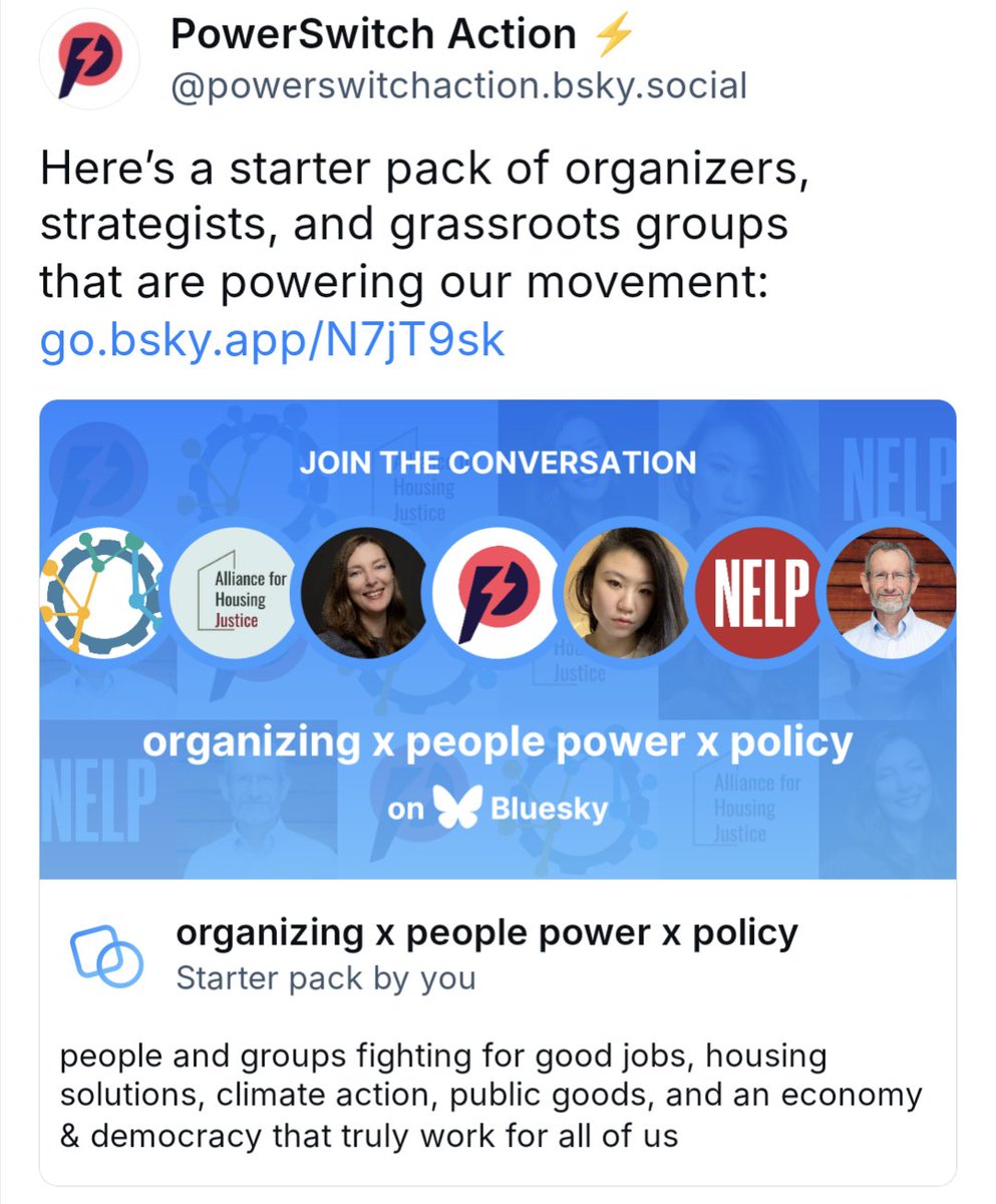 powerswitchact's tweet image. 🦋 We&apos;re on Bluesky! We&apos;ll be over there talking good jobs, housing solutions, climate action, public goods &amp;amp; more.

And we&apos;ve got a starter pack ready for you! Connect with us &amp;amp; the organizers, strategists, and grassroots groups powering our movement 👉bsky.app/profile/powers…
