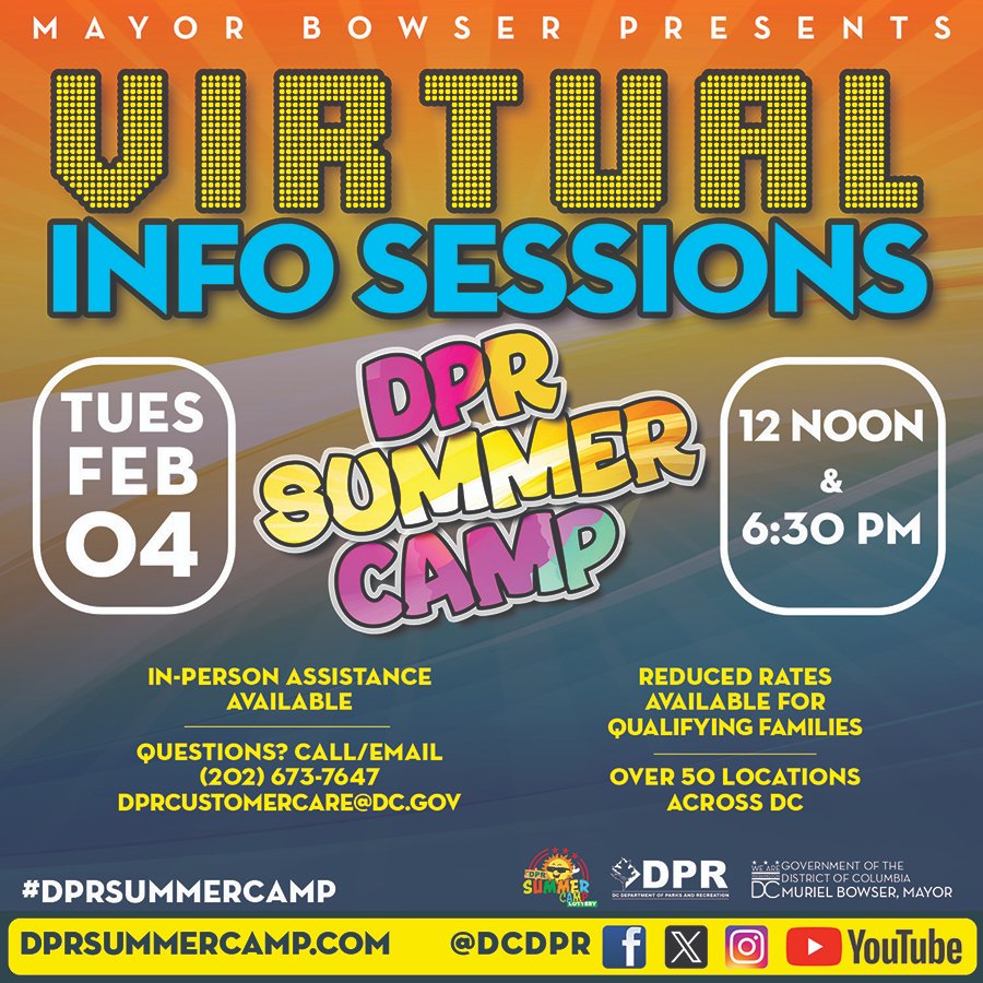 DCDPR's tweet photo. 📣DPR Summer Camp is Coming!📢

Calling all future DPR Summer Camp parents! Join us for one of two DPR Summer Camp VIRTUAL Info Sessions to learn about our exciting offerings this summer!

📅 Today, Feb 4 🕛 12:00 PM (Noon) 
OR 🕡 6:30 PM 
SIGN UP https://t.co/BDFlaoISNe https://t.co/Z0cNyO67Ws