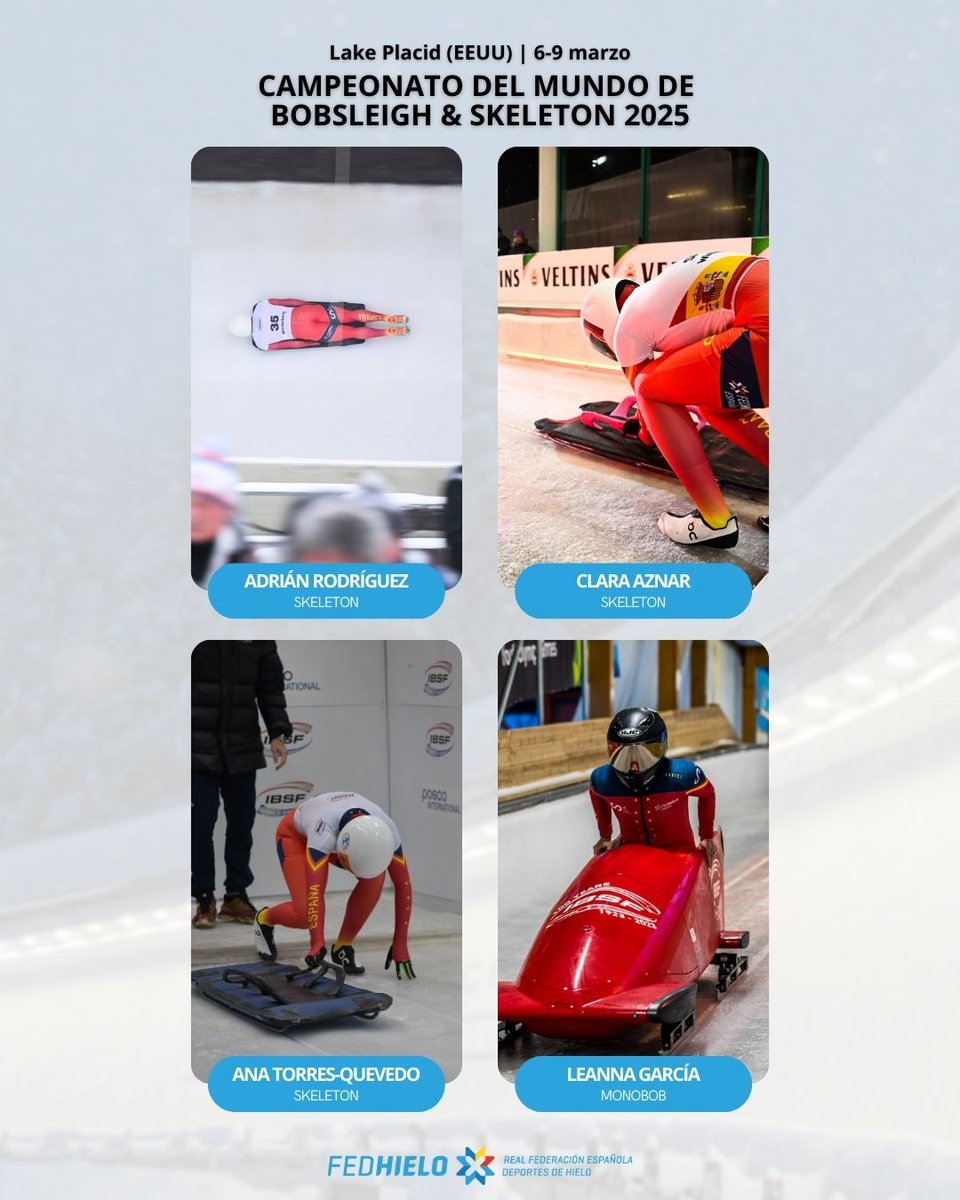 RFEDH (@fedhielo) on Twitter photo ❄️ Representación de récord para España en el próximo Mundial de #bobsleigh & #skeleton
🛷 <a href="/adrirodriguez14/">Adrian Rodriguez</a>
🛷 Clara Aznar
🛷 Ana Torres-Quevedo
🚀 <a href="/leagarr/">Leanna Garcia</a>
🎙️ <a href="/AnderSkeleton/">Ander Mirambell OLY</a>: "Es un hecho histórico y muy especial para la federación"
🔗 bit.ly/3Q4RBLm
📸 <a href="/IBSFsliding/">IBSF</a> ❄️ Representación de récord para España en el próximo Mundial de #bobsleigh & #skeleton
🛷 <a href="/adrirodriguez14/">Adrian Rodriguez</a>
🛷 Clara Aznar
🛷 Ana Torres-Quevedo
🚀 <a href="/leagarr/">Leanna Garcia</a>
🎙️ <a href="/AnderSkeleton/">Ander Mirambell OLY</a>: "Es un hecho histórico y muy especial para la federación"
🔗 bit.ly/3Q4RBLm
📸 <a href="/IBSFsliding/">IBSF</a>