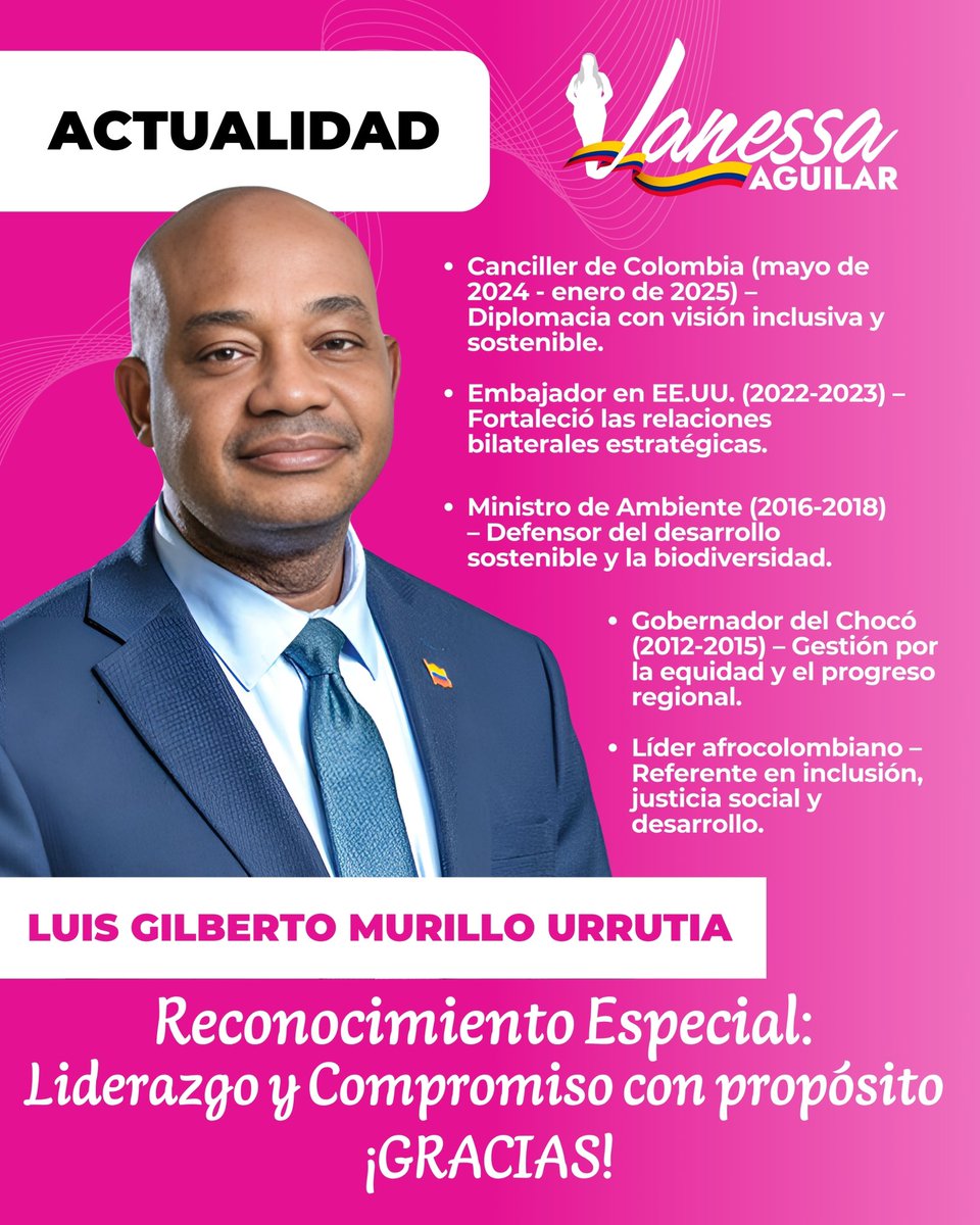 🌍✨ Luis Gilberto Murillo: Liderazgo que trasciende 🇨🇴

✅ Canciller, Ministro y Embajador – Diplomacia e inclusión.
✅ Gobernador del Chocó – Equidad y desarrollo.
✅ Líder afrocolombiano – Voz de la Colombia profunda.

👏🏾 ¡Gracias, <a href="/LuisGMurillo/">Luis Gilberto Murillo</a>, por tu legado!

#Liderazgo
