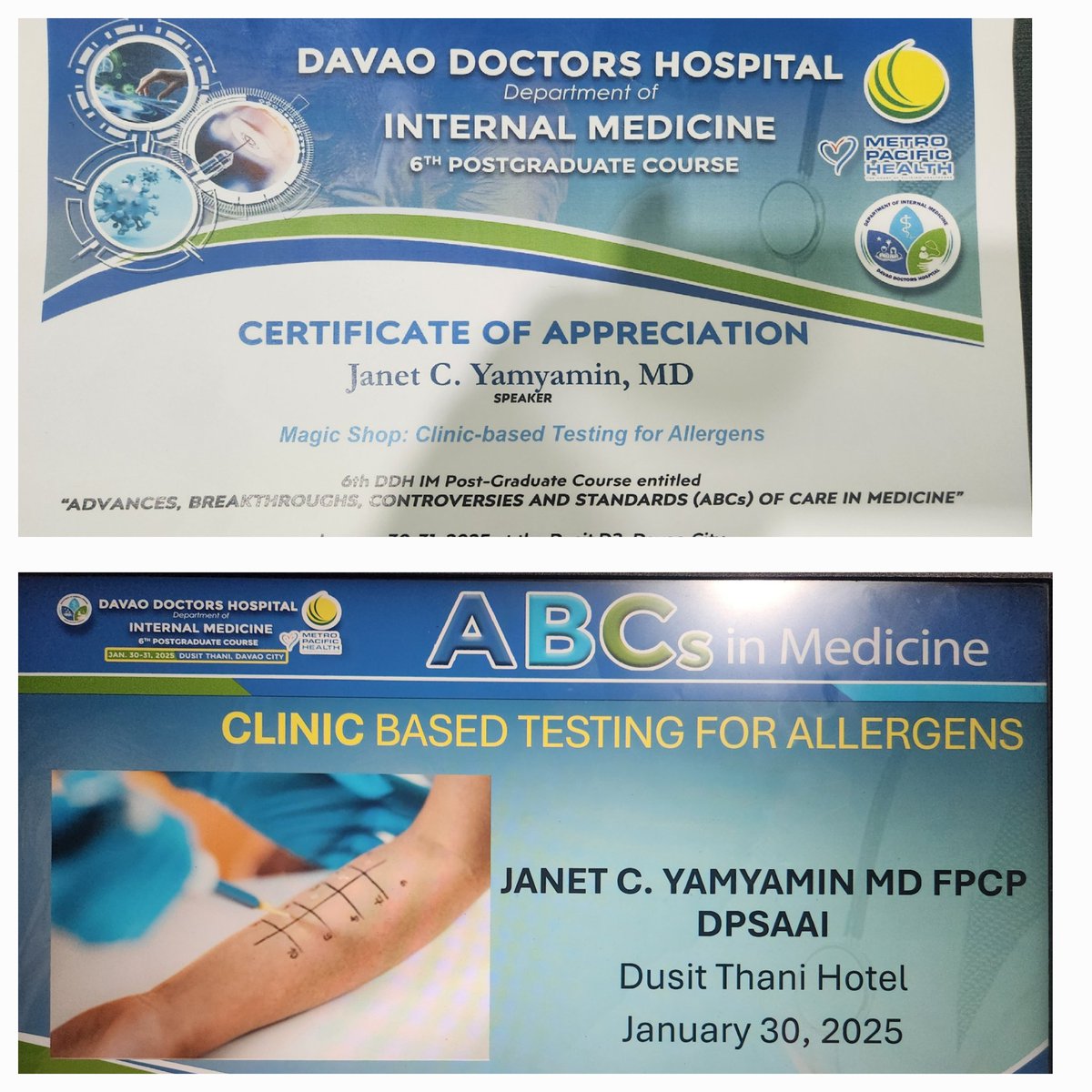 janetyamz's tweet photo. Thank you Davao Doctors Hospital for the privilege granted to me as a speaker in the field of Allergy.
-Davao Doctors Hospital , Internal Medicine 6th Postgraduate Course, Dusit Thani Hotel , Jan 30,2025 🩺💉
#allergy #skintest https://t.co/fJ0qiQ6GM6