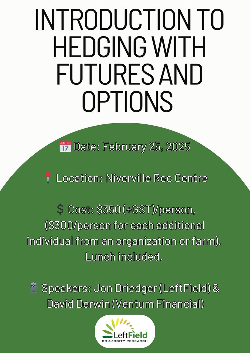 Grain markets are shifting—are you prepared? With uncertainty at an all-time high and margins tightening, futures and options can help you stay in control.

Learn how at @LeftfieldCR's one-day seminar on Feb 25 in Niverville!

Register now: jon@leftfieldcr.com | (204) 905-1881