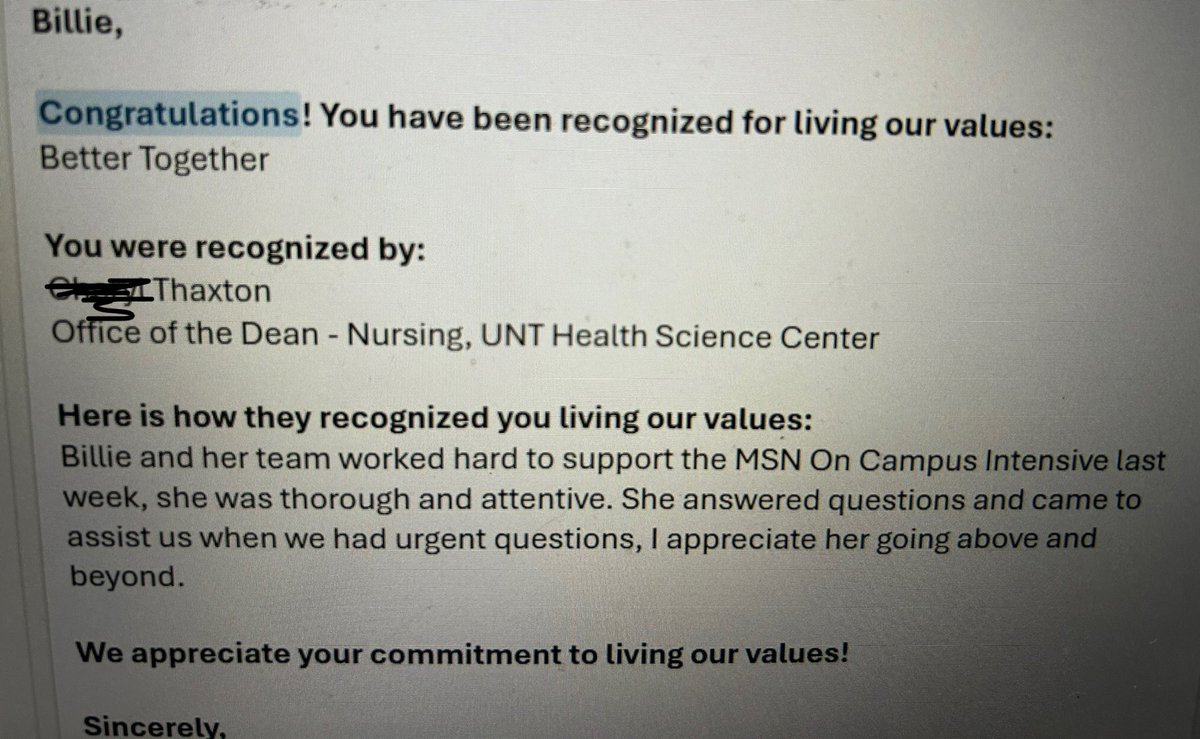 TXSIMTECH's tweet image. I am so proud to share this acknowledgment. Words of affirmation are my recognition language! Thank you @UNTHSC #CollegeofNursing #NotJustASimTech
