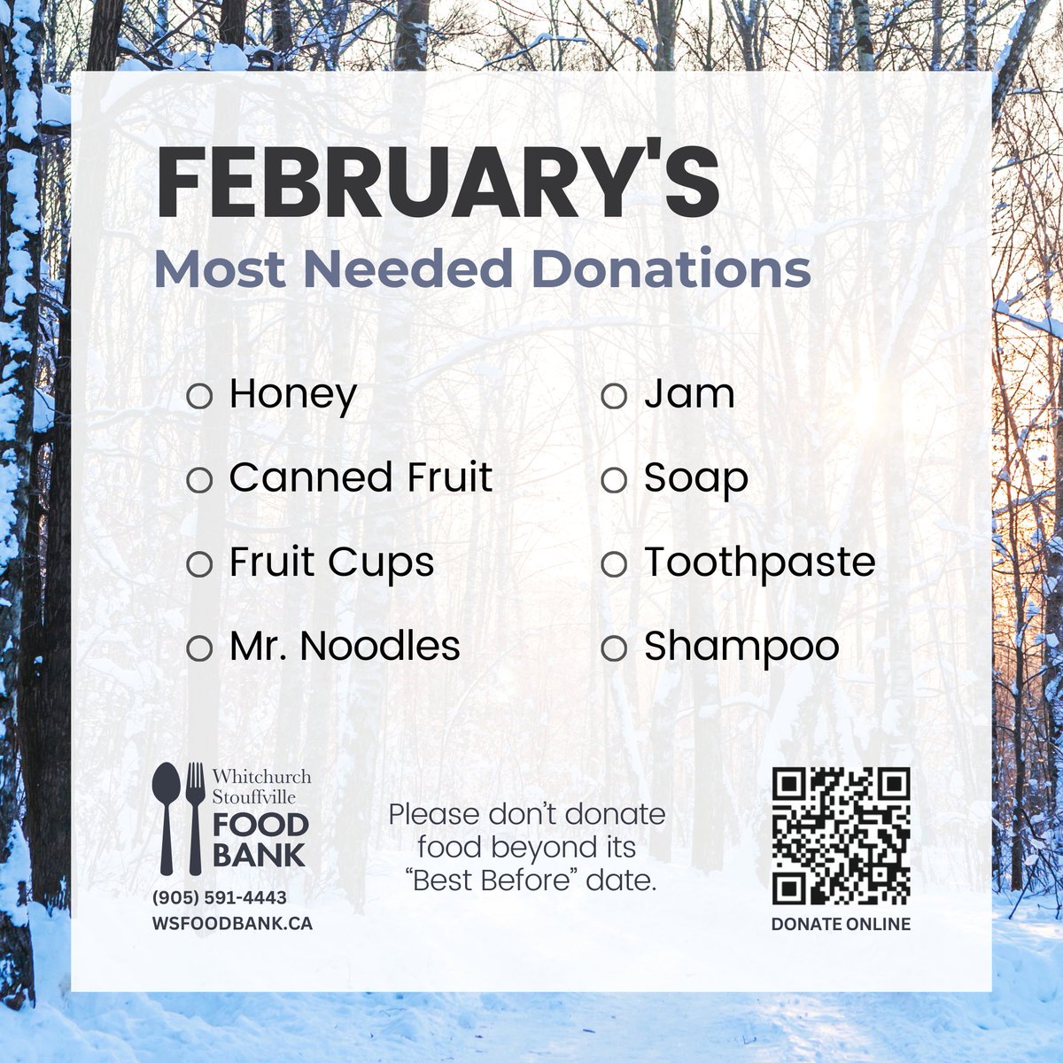 FoodWs's tweet photo. It's a snowy start to February!

If you're able to help the WSFB this month, please consider our Most Needed list while you're out shopping.

There are donation bins at major grocery stores, as well as the Leisure Centre.

You can also donate online: https://t.co/FZlqqXVVUt

🙏 https://t.co/vkEo4CoFgx