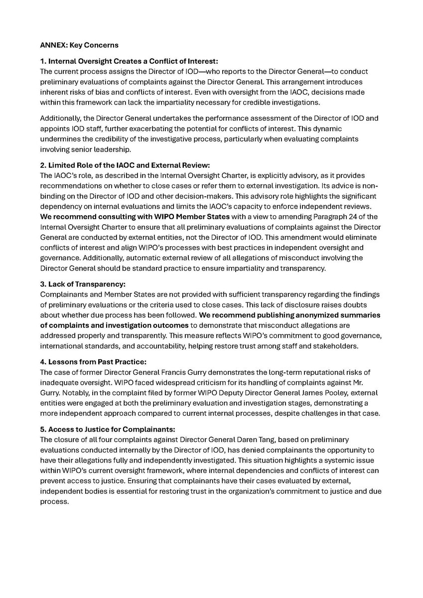 WIPO Whistleblowers (@wipowhistleblow) on Twitter photo BREAKING: We call on WIPO’s Chairs to ensure that misconduct complaints against DG Daren Tang—currently closed without external review—be reopened and investigated independently. Access to justice and WIPO’s accountability are at stake. <a href="/WIPO/">World Intellectual Property Organization (WIPO)</a> #Accountability Read our letter👇: BREAKING: We call on WIPO’s Chairs to ensure that misconduct complaints against DG Daren Tang—currently closed without external review—be reopened and investigated independently. Access to justice and WIPO’s accountability are at stake. <a href="/WIPO/">World Intellectual Property Organization (WIPO)</a> #Accountability Read our letter👇: