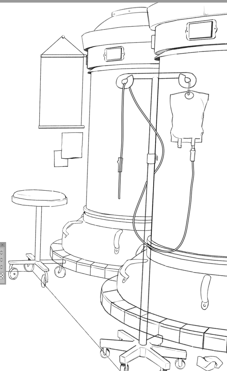 starting on a vtuber bg for my best friend who is a zombie nurse.
she wants a hospital room vintage lab with horror vibes with big vials with organs in them etc and told me to do whatever I want.

...it is going to be a long lineart session. 