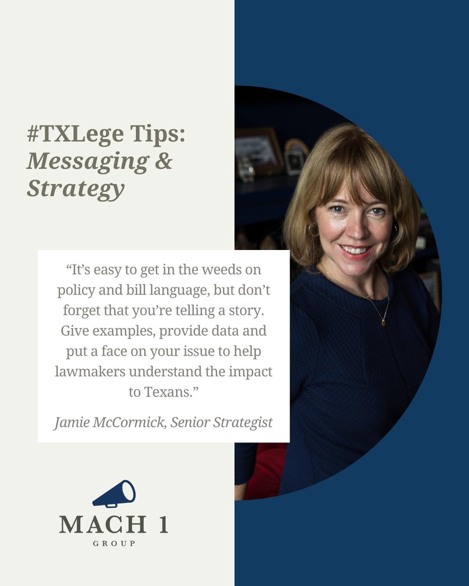 TheMach1Group's tweet image. In our 3rd #TxLege tip, Jamie McCormick, Mach 1’s Senior Strategist, reminds us of the importance of storytelling. When presenting your issue to lawmakers, remember to provide a dynamic narrative that accurately depicts its need for legislative action. #messaging #strategy