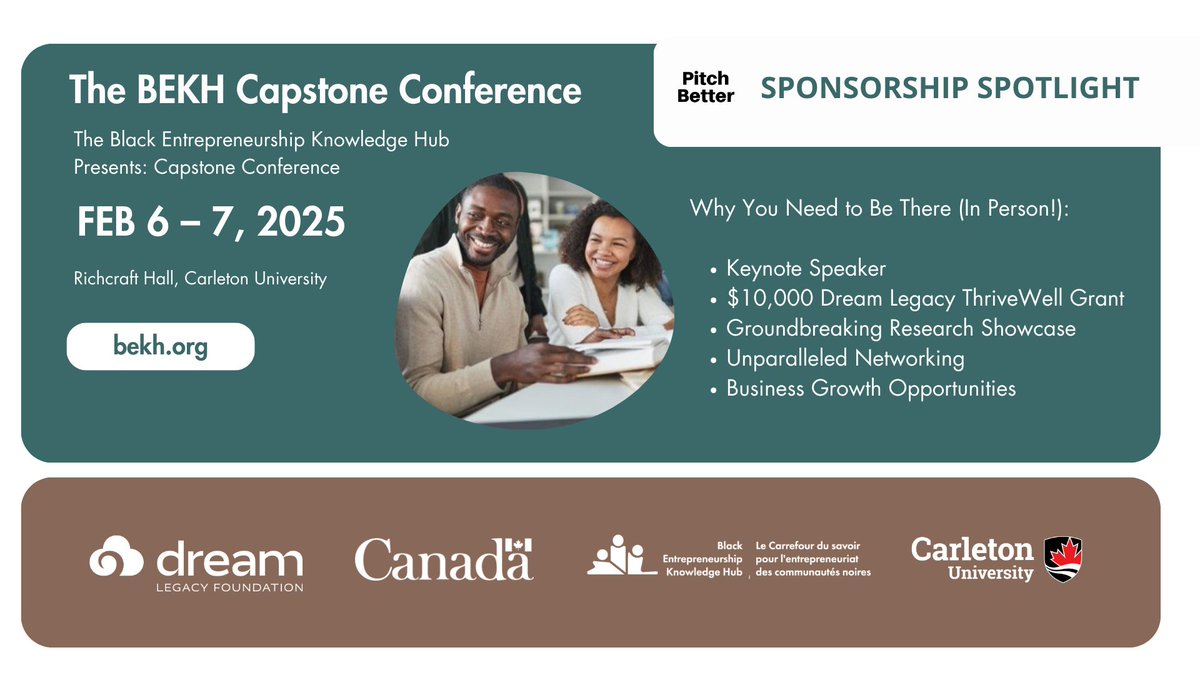 🌟 Join the BEKH Capstone Conference for Black entrepreneurs on Feb 6–7, 2025, at Richcraft Hall, Carleton University. 🚀 Network, learn from Frank Baylis, and compete for a $10K grant! Register now: bekh.org/capstone-confe… #BEKHCapstone #BlackEntrepreneurs
.
<a href="/BekhCanada/">Black Entrepreneurship Knowledge Hub Canada</a>