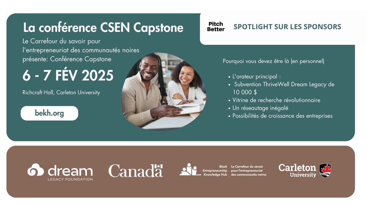 🚀 Rejoignez la Conférence Capstone du CSEN, l'événement clé pour les #EntrepreneursNoirs ! Écoutez Frank Baylis, connectez-vous et prenez part à une expérience transformatrice. 🌟 Dates : 6-7 Février 2025 à Carleton U. Inscrivez-vous: tinyurl.com/bekh2025
.
<a href="/BekhCanada/">Black Entrepreneurship Knowledge Hub Canada</a>