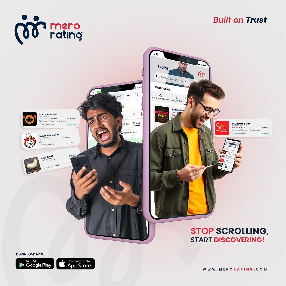 MeroRating's tweet photo. Tired of scrolling aimlessly? 🤯 Find trusted spots and make every choice count! 
.
.
STOP SCROLLING &amp; START DISCOVERING 
Download the Mero Rating app now and join with registration [https://t.co/DMFqtUh2C5]📱
#BuiltOnTrust #merorating #ExploreBetter https://t.co/ZqlY3bJDCK